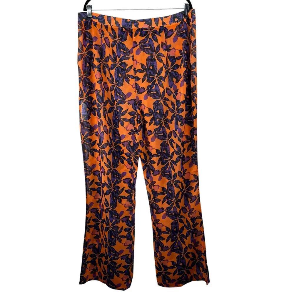 PrettyLittleThing Orange Tropical High Rise Sheer Flare Beach Pants 14 NWT